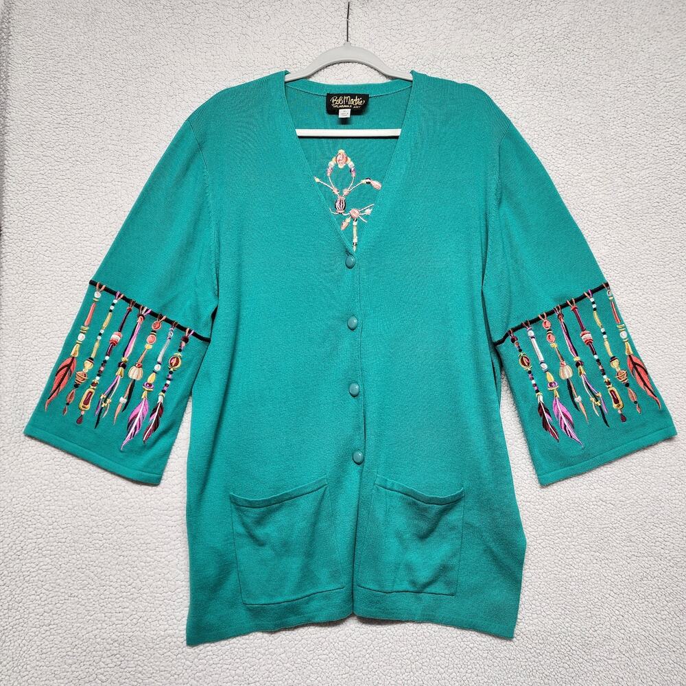 Bob Mackie Womens Cardigan Sweater Size XL Green Dreamcatcher Embroidered Art